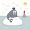 Cute walrus in cap on iceberg, waves, lighthouse