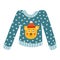 Cute warm knitted sweater with snowflakes and funny bear in the hat. Woolen pullover for cold winter season. Knitwear, handmade