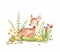 Cute Watercolor Baby Deer with the blue ribbon surrounded by wild flowers and mushrooms over white. Baby Deer sleeping