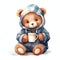 Cute watercolor bear drinking tea winter time illustration, teddy bears clipart