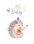 Cute watercolor bohemian baby hedgehog animal poster for nursary with bouquets, alphabet woodland isolated forest