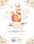 Cute watercolor bohemian baby squirrel animal poster for nursary, alphabet woodland isolated forest illustration for