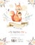 Cute watercolor bohemian baby squirrel animal poster for nursary, alphabet woodland isolated forest illustration for