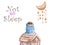 Cute watercolor boho funny owl on the house with moon and text not sleep. by national american motifs for baby shower