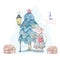 Cute watercolor cartoon rat and Gingerbread houses. Watercolor hand drawn animals illustration. New Year 2020 holiday drawing
