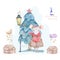 Cute watercolor cartoon rat and Gingerbread houses. Watercolor hand drawn animals illustration. New Year 2020 holiday drawing