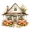 Cute watercolor cottage house with pupmkins , halloween time, fall autumn house, illustration