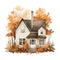 Cute watercolor cottage house with pupmkins , halloween time, fall autumn house, illustration