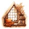 Cute watercolor cozy bookroom in autumn, living room fall, cozy scene in fall autumn, illustration