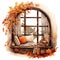 Cute watercolor cozy bookroom in autumn, living room fall, cozy scene in fall autumn, illustration