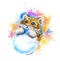 Cute watercolor drawing depicting a tiger cub with a snowball in its paws and various pink and blue patterns around on a