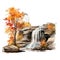 Cute watercolor fall autumn waterfall nature, illustration