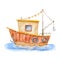 Cute watercolor fishing boat illustration isolated on white. Funny ship sailing on sea