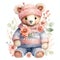 Cute watercolor floral bear with clothes illustration, teddy bears clipart