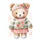 Cute watercolor floral bear with clothes illustration, teddy bears clipart