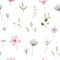 Cute Watercolor Floral Seamless  floral Surface Pattern with Pink and Blue small flowers and green leaves on white background. Han