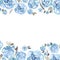 Cute watercolor flower frame. Background with blue roses.