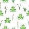 Cute watercolor frog pattern. Seamless vector marsh background