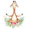 Cute watercolor geraffe with tropical flowers in yoga position
