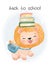 cute watercolor happy kid lion with school backpack and book stacked, back to shcool cartoon animal watercolor vector