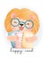 Cute watercolor happy kid lion wear eyeglasses and hug book, back to school cartoon animal watercolor vector