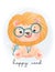 cute watercolor happy kid lion wear eyeglasses with school bagpack sitting , back to school cartoon animal watercolor vector