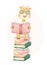 Cute watercolor happy nerdy kid giraffe reading book sitting on stack book, back to school cartoon childhood animal wildlife water