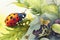 Cute watercolor illustration of a ladybug and butterfly making friends in the garden