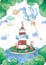 Cute watercolor kids illustration set cartoon funny mouses and air balloon bunny with Lighthouse on Island Baby shower card,