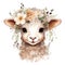 Cute watercolor lamb with flowers and boho plants illustration