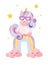 Cute watercolor magical purple baby Unicorn with heart glasses sitting on rainbow, cartoon doodle vector illustration, nursery