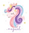 Cute watercolor magical purple Unicorn face, cartoon doodle vector illustration, nursery style