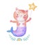 Cute Watercolor Meow-maid. Pink Purr-maid Cat Mermaid. Fish Tail