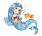 Cute watercolor mermaid and gold fish