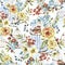 Cute watercolor natural floral seamless pattern with birds