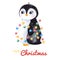 Cute watercolor penguin with Christmas garland