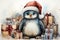 Cute watercolor penguin in a red cap with gift boxes. Christmas card.