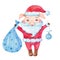 Cute watercolor Pig character in a Santa`s cardigan and red hat.