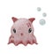 Cute watercolor pink Dumbo octopus with bubbles. Deep sea creature