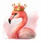 Cute Watercolor Pink Flamingo Princess on white background Generative AI
