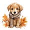 Cute watercolor puppy dog wearing scarf in fall with fall leaves, illustration