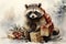 Cute watercolor raccoon with gift boxes. Christmas card.