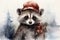 Cute watercolor raccoon in a red Christmas hat surrounded by snowflakes. Christmas card.