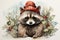 Cute watercolor raccoon in a red Christmas hat surrounded by snowflakes. Christmas card.
