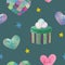 Cute watercolor seamless pattern with multicolor hearts, gift box on dark background