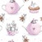 Cute watercolor seamless pattern. Wallpaper with party cupcakes and beautiful fantasy bunneis cartoon animals, cups, anise star, t