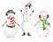 Cute watercolor snowmen set. Hand drawn Christmas illustration with snowman in hat, glows, earmuffs isolated on white background.