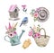 Cute watercolor spring garden set, isolated on white background. Straw hat, blue bird. watering can with flowers