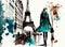 Cute watercolor style illustration with ink outline of a beautiful caucasian woman walking around Paris with the Eiffel Tower