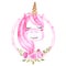 Cute watercolor unicorn illustration with floral wreath pink